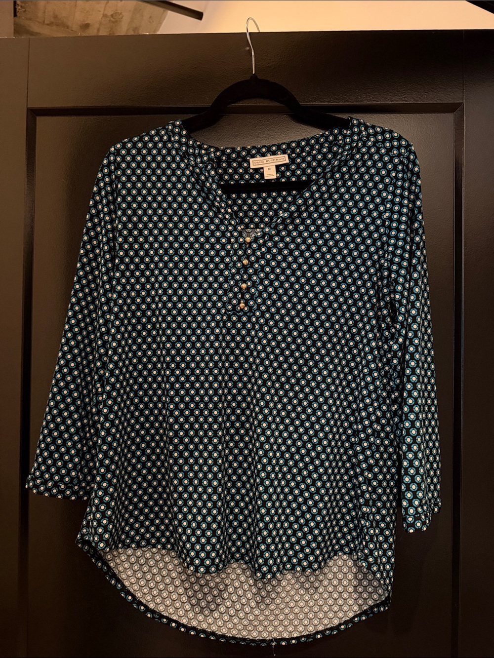 Petite Sophisticate Teal and Black Geometric Button-Front Top